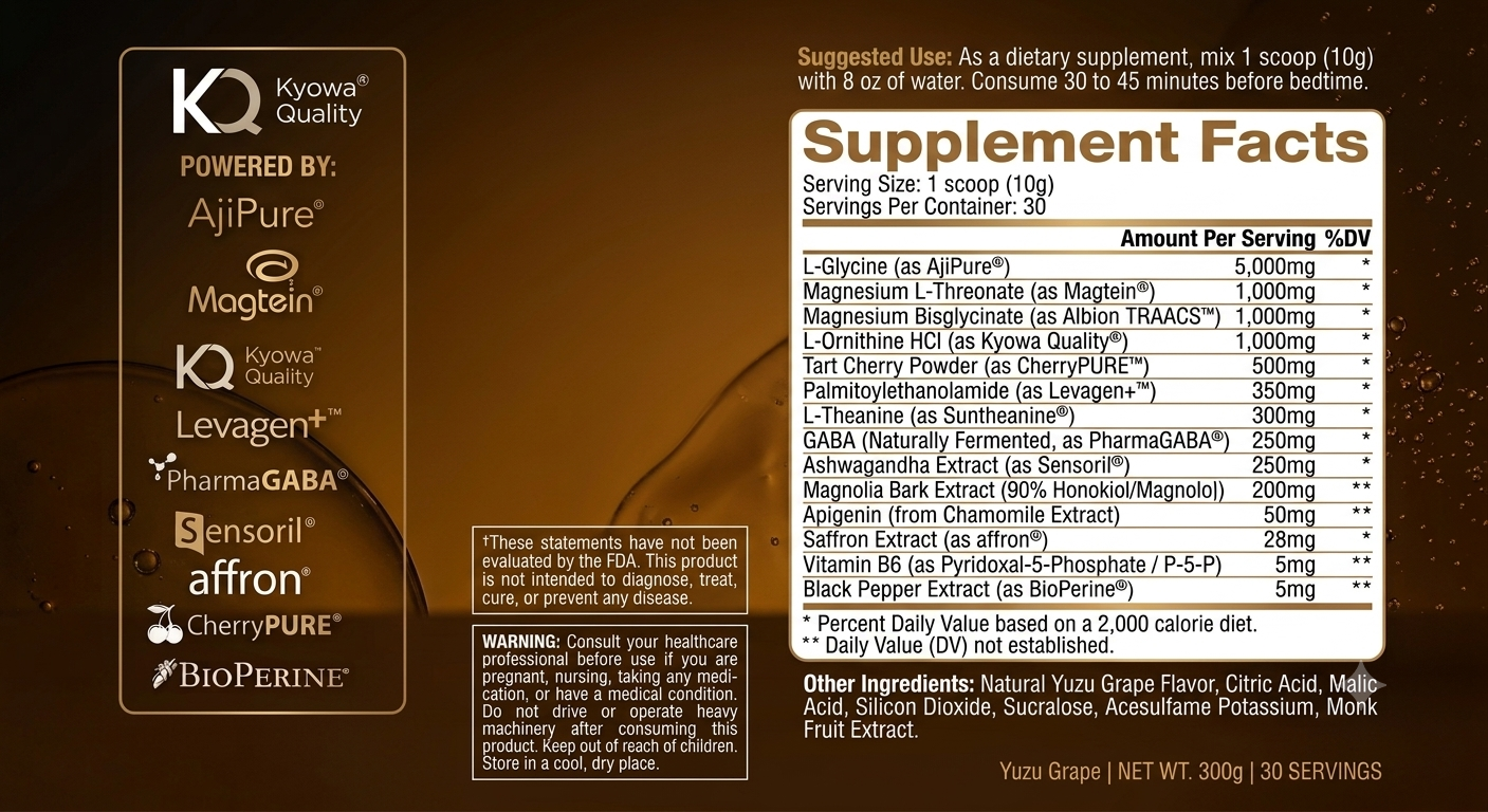 SOMNUS Supplement Facts — L-Glycine 5,000mg, Magnesium L-Threonate 1,000mg, Magnesium Bisglycinate 1,000mg, L-Ornithine 1,000mg, Tart Cherry 500mg, PEA 350mg, L-Theanine 300mg, GABA 250mg, Ashwagandha 250mg, Magnolia Bark 200mg, Apigenin 50mg, Saffron 28mg, Vitamin B6 5mg, Black Pepper Extract 5mg, plus full suggested use and warnings