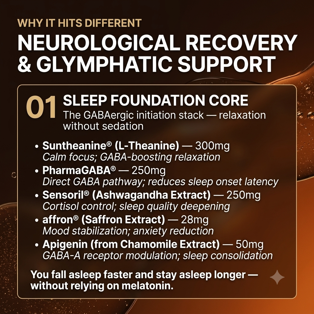 SOMNUS Sleep Foundation Core — Suntheanine L-Theanine 300mg, PharmaGABA 250mg, Sensoril Ashwagandha 250mg, affron Saffron 28mg, Apigenin 50mg
